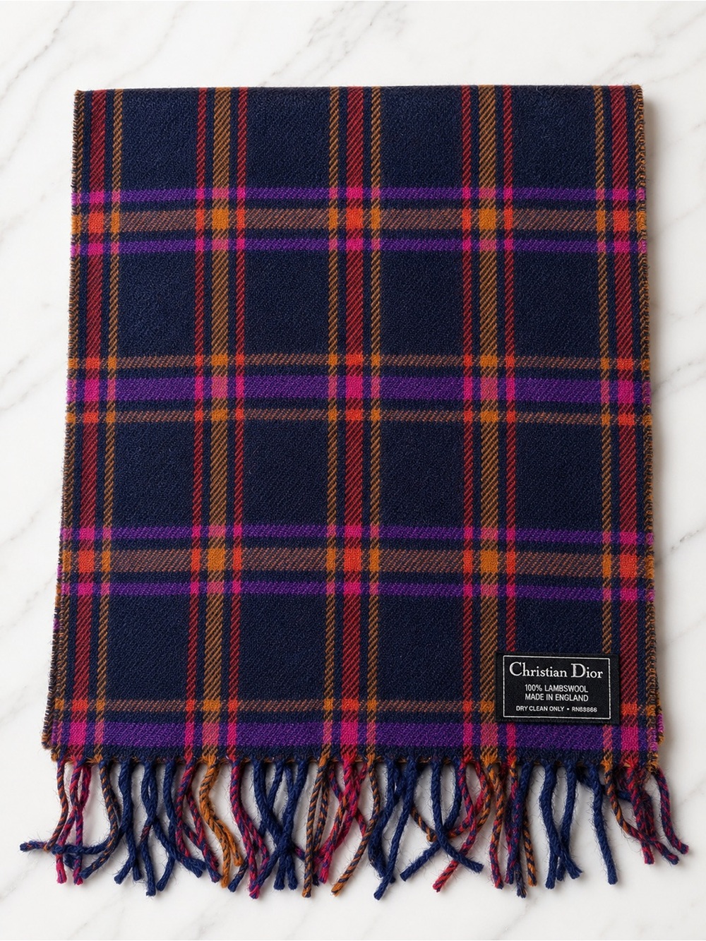 Dior Plaid Wool Scarf in Navy with Pink & Orange Stripes